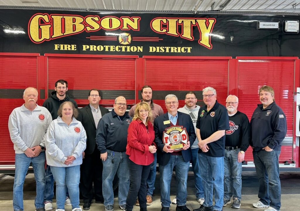 Sen Bennett at the Gibson City Fire Dept surrounding by local and state fire officials who honored him with the 2024 IL Firefighters Public Service Award on Feb 3rd.
